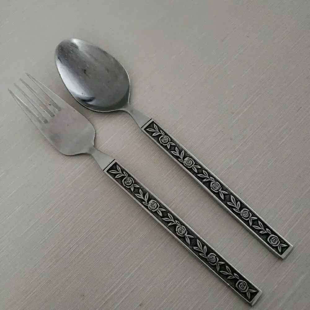 Interpur Stainless Mexicali Rose Dinner Fork & Spoon Black Textured Handle Japan